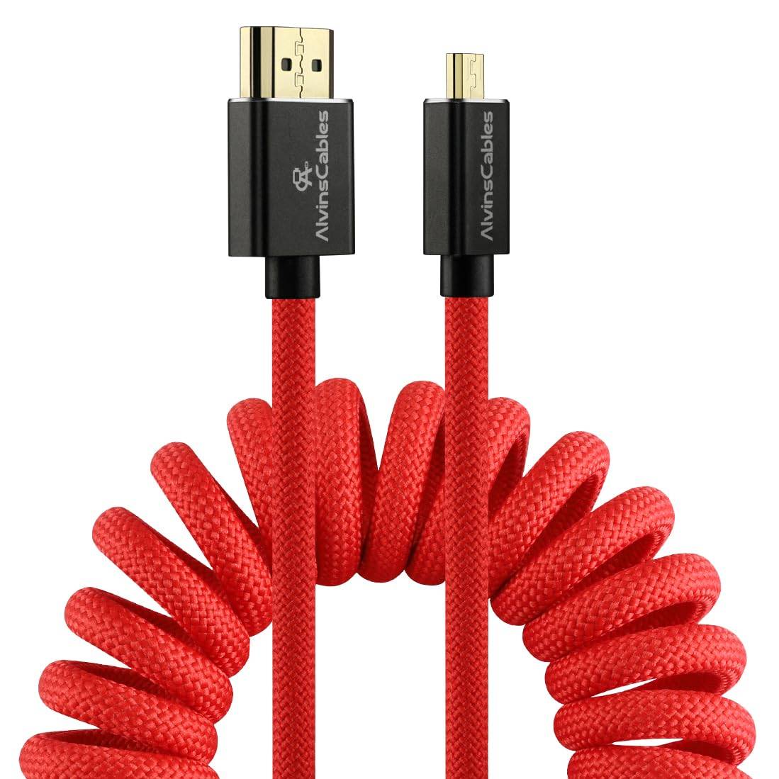 Alvin's Cables 8K 2.1 Micro-HDMI 转全尺寸 HDMI 编织线缆,D 型转 A 型螺旋 HDMI 线缆,适用于 Atomos-Ninja-V、佳能 R5C R5 R6、索尼 A7RIII A7II A7M3 A7R IV A6500 以及富士 X-T4 X-T3(18 至 28 英寸)